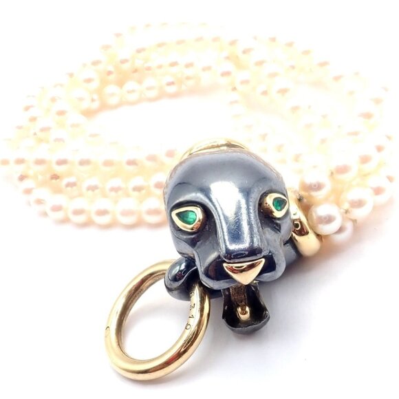 Panthere de Cartier Panther 18k Yellow Gold & Silverium Pearl Emerald Bracelet - Picture 4 of 14